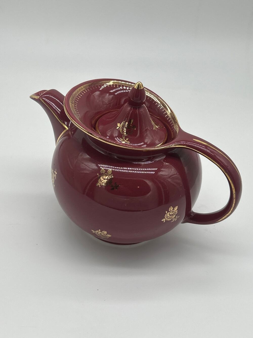 Vintage Hall China 0698 Burgundy 6 Cup Teapot Gold Rose Coffee Tea Pot USA